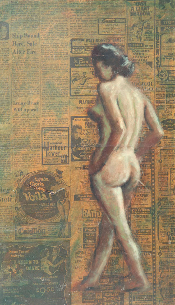 Nude Oil Painting on Vintage Print of 