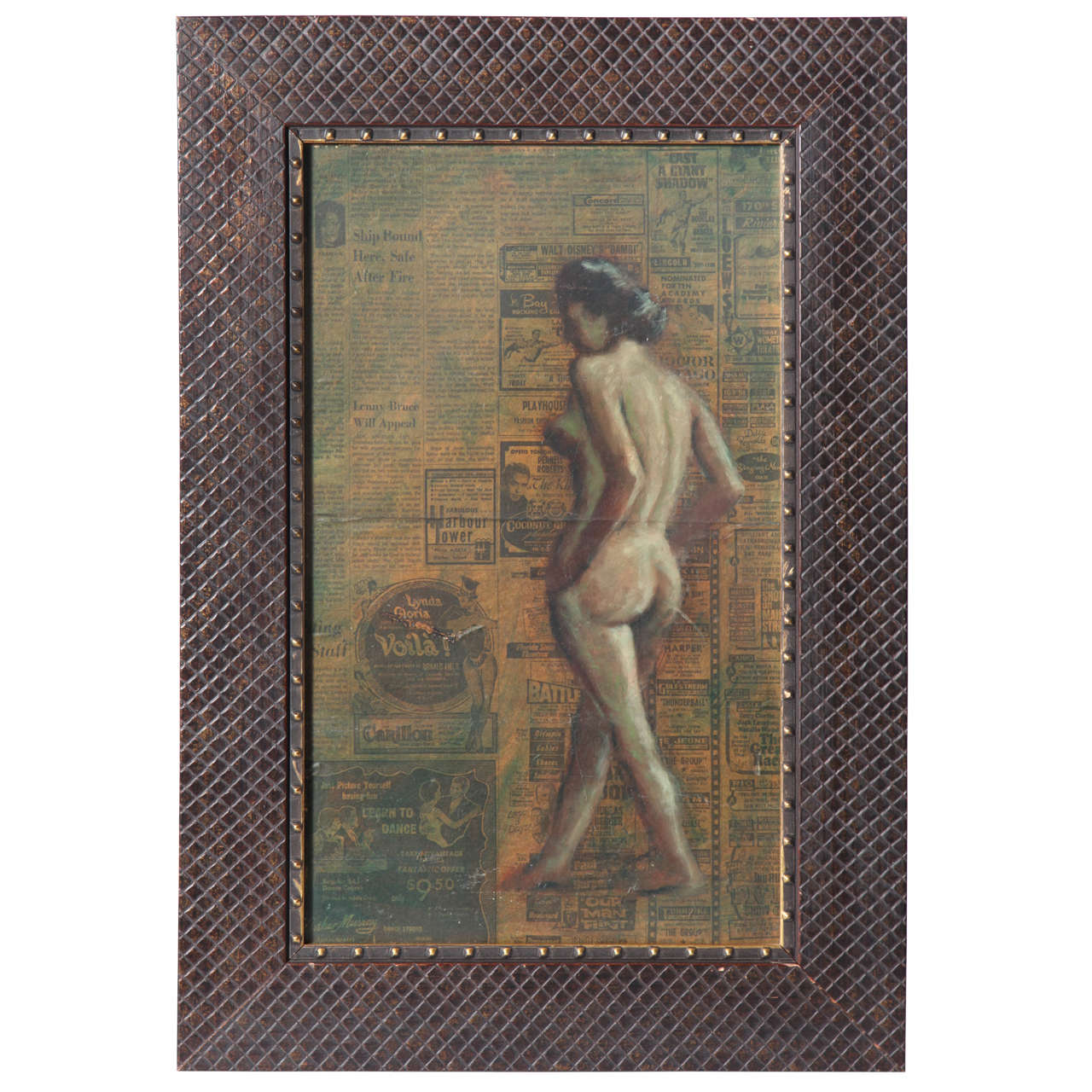 Nude Oil Painting on Vintage Print of "The Miami News" For Sale