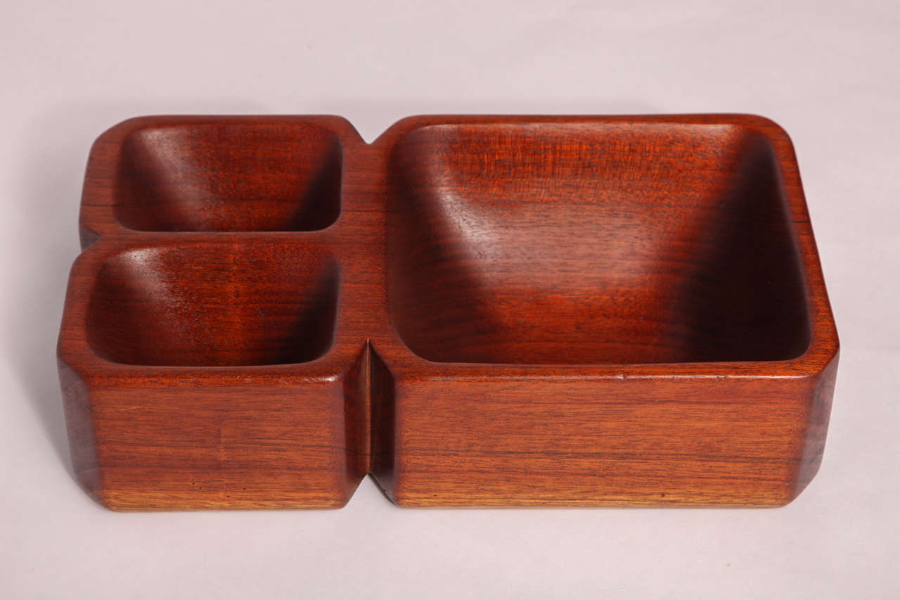 Beautiful teak serving tray with three deep bowls for an elegant tri fold presentation of your first course.