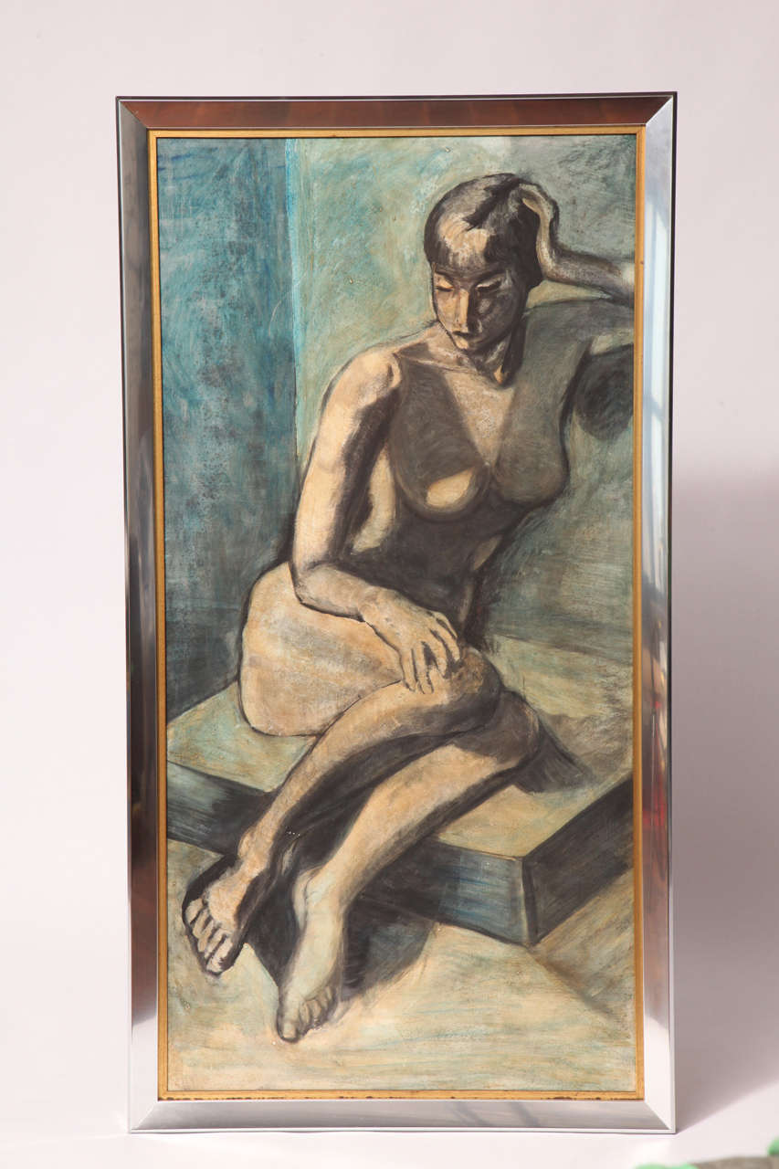 Modernist style oil figure painting of nude woman. Her natural contour serves as a juxtaposition to the edges of her platform. Beautifully framed and representative of the 1940s modernist style of soft, yet graceful nonchalance.