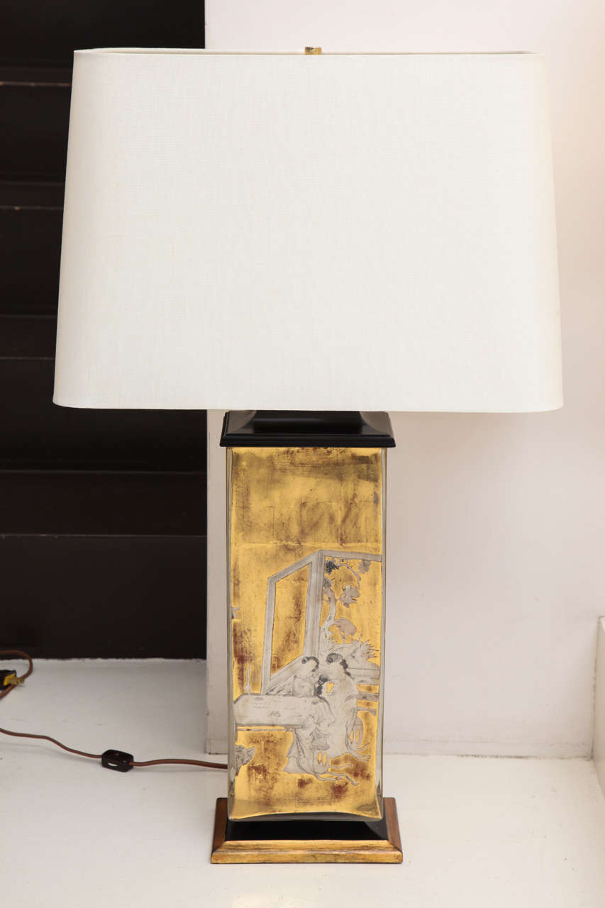 Mid-20th Century Near Pair of Gold Eglomise Table Lamps