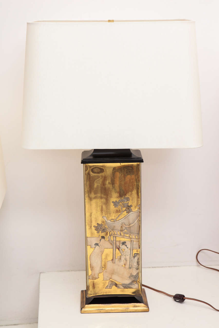 Near Pair of Gold Eglomise Table Lamps 1