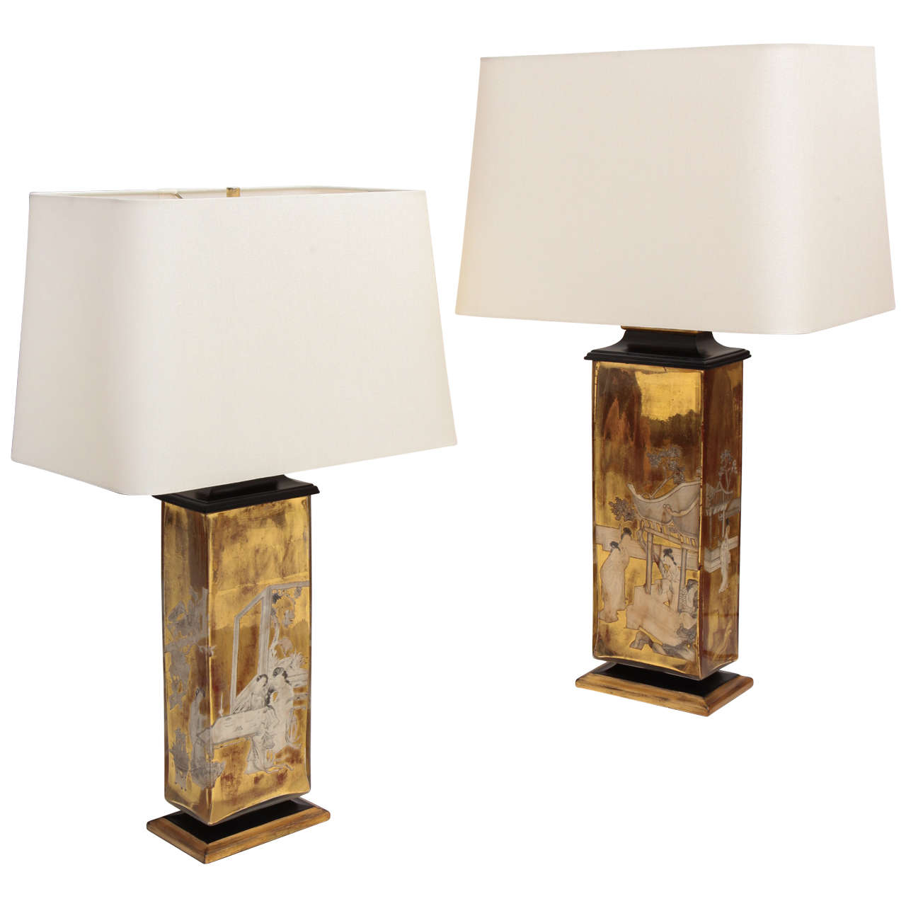 Near Pair of Gold Eglomise Table Lamps