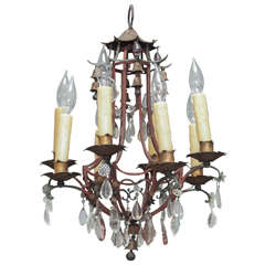 Small Iron and Crystal Chinoiserie Style Chandelier