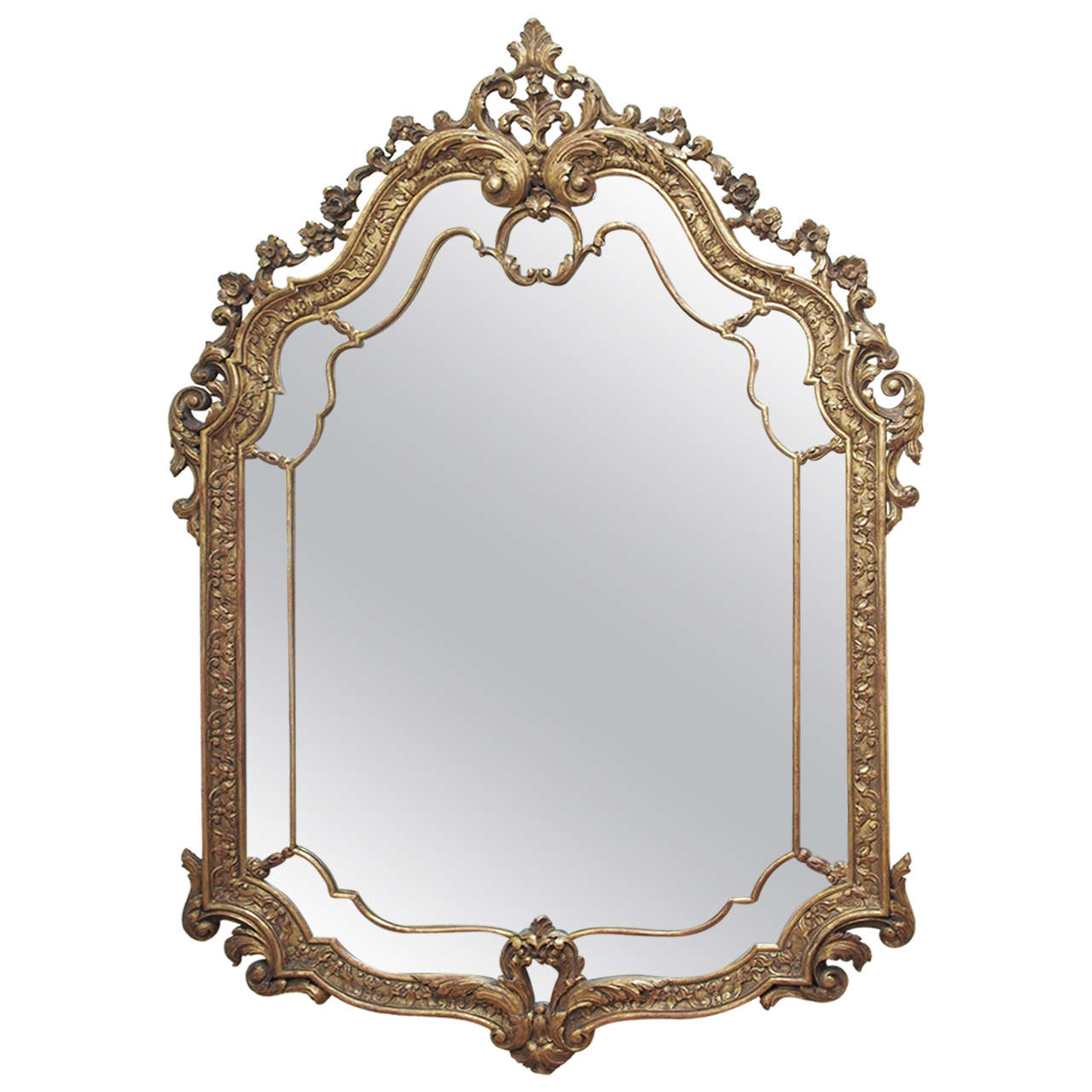 19th Century Regence Style Carved Giltwood French Mirror with Pierced Crest For Sale