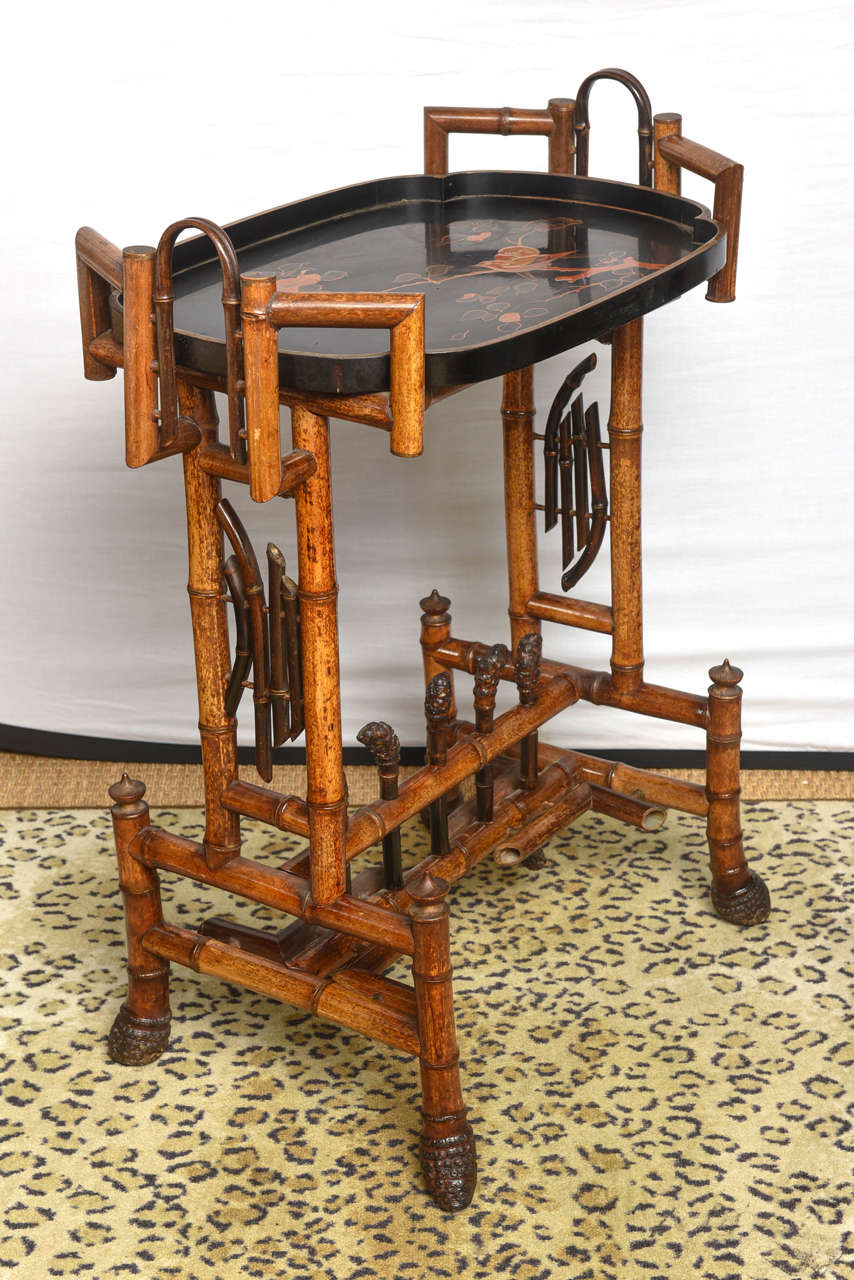 19th Century English Bamboo Table with Decorated Lacquer Tray 1