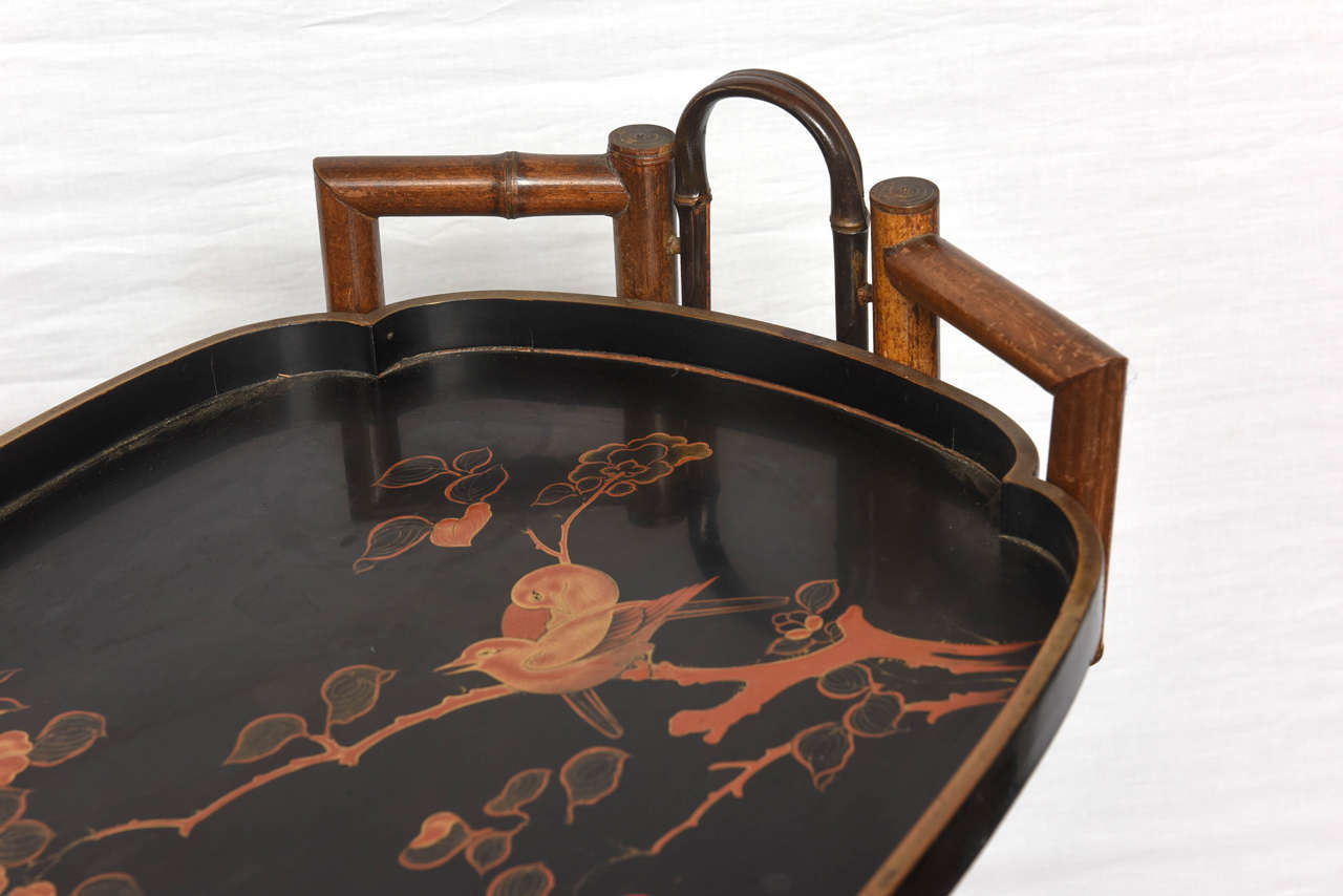 19th Century English Bamboo Table with Decorated Lacquer Tray 2