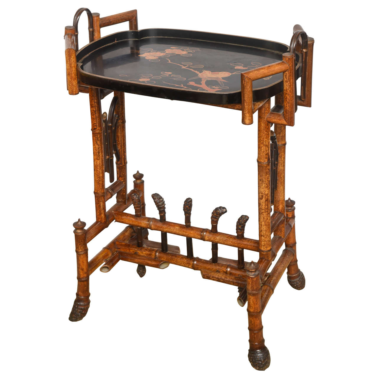 19th Century English Bamboo Table with Decorated Lacquer Tray