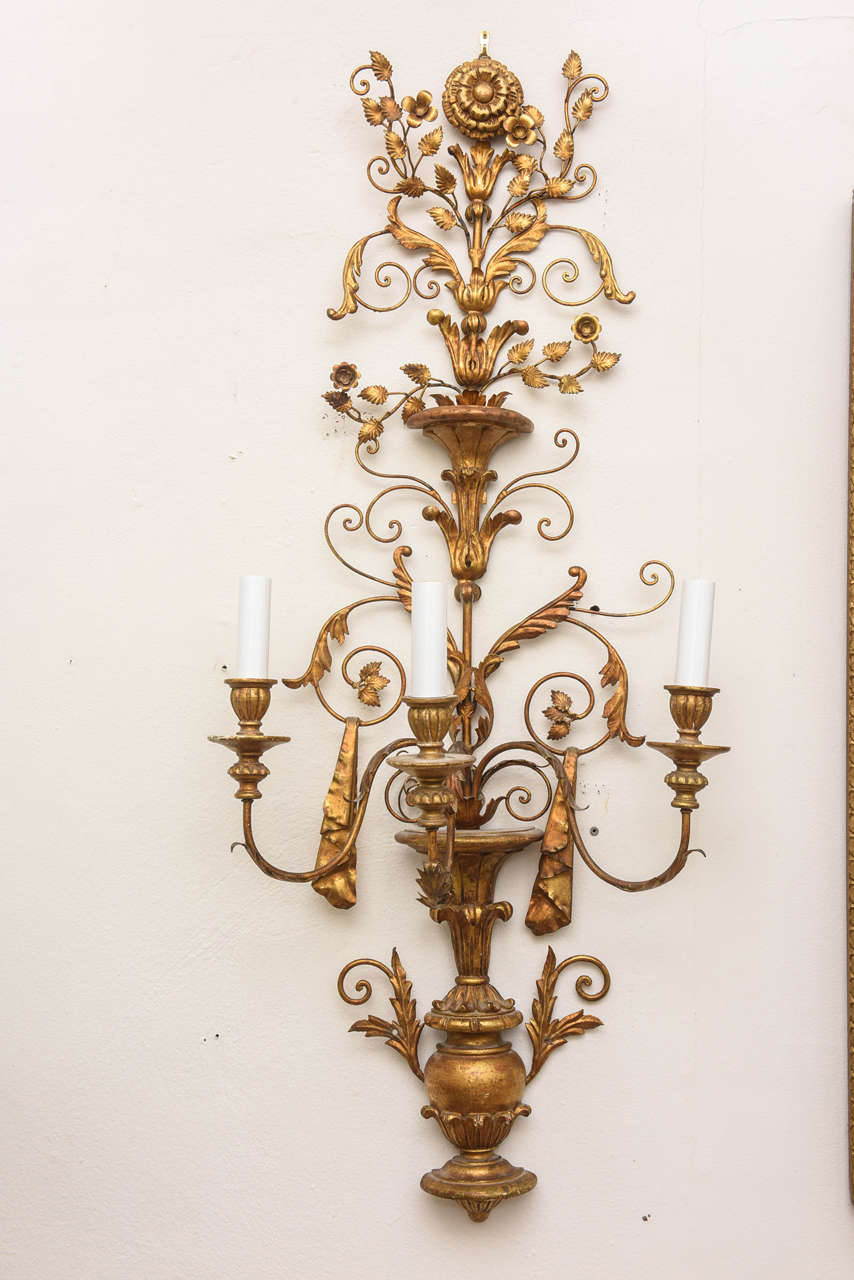 Italian HUGE Pair of Gilt Wall Sconces, 20th century