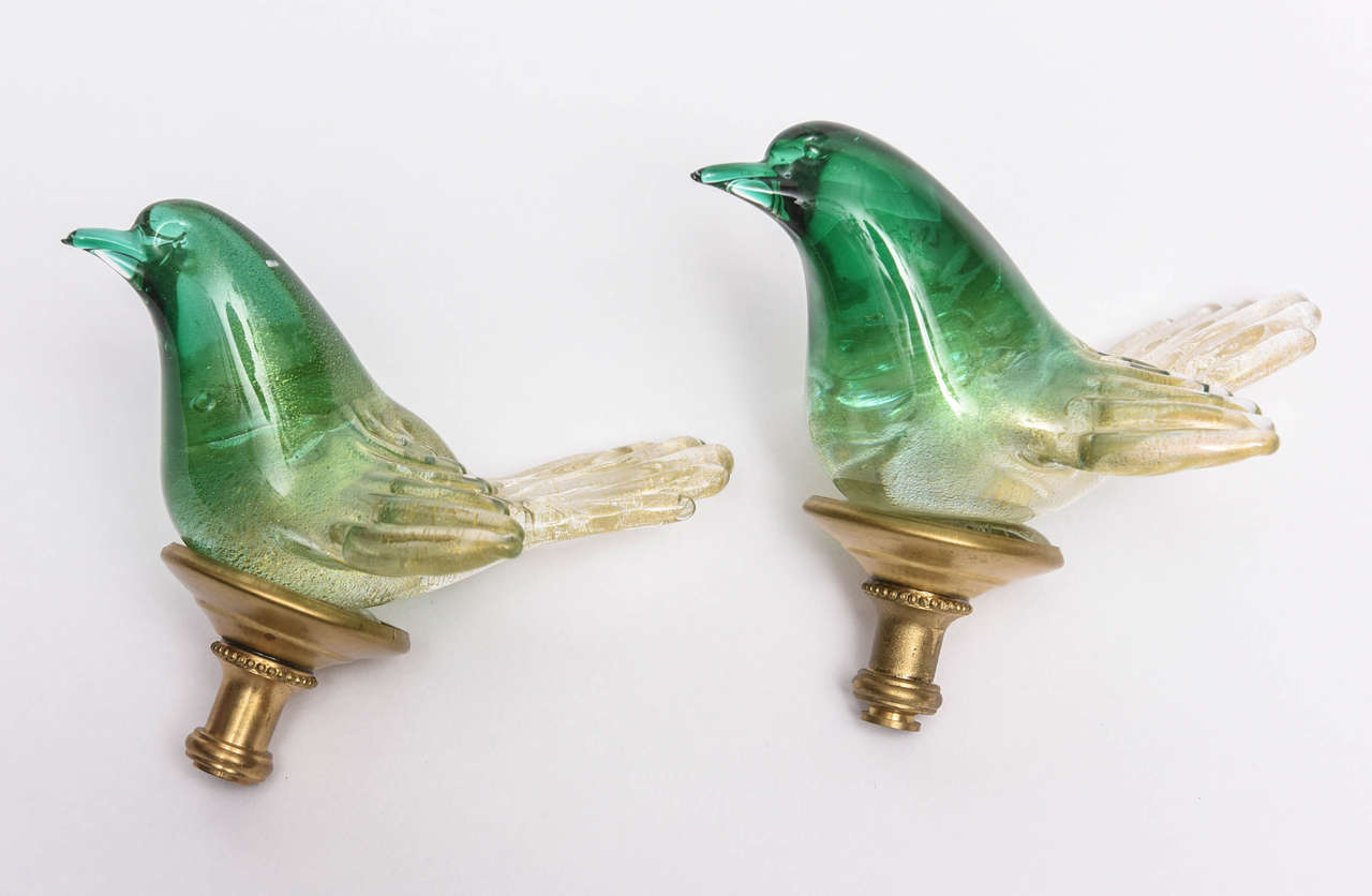 Rare pair of vintage Italian Murano glass lamp finials, green with gold flakes.  Fitting will fit either size harp with a filler which I will include in the purchase.  This is one of many finials I have in my collection, THE ICING ON THE