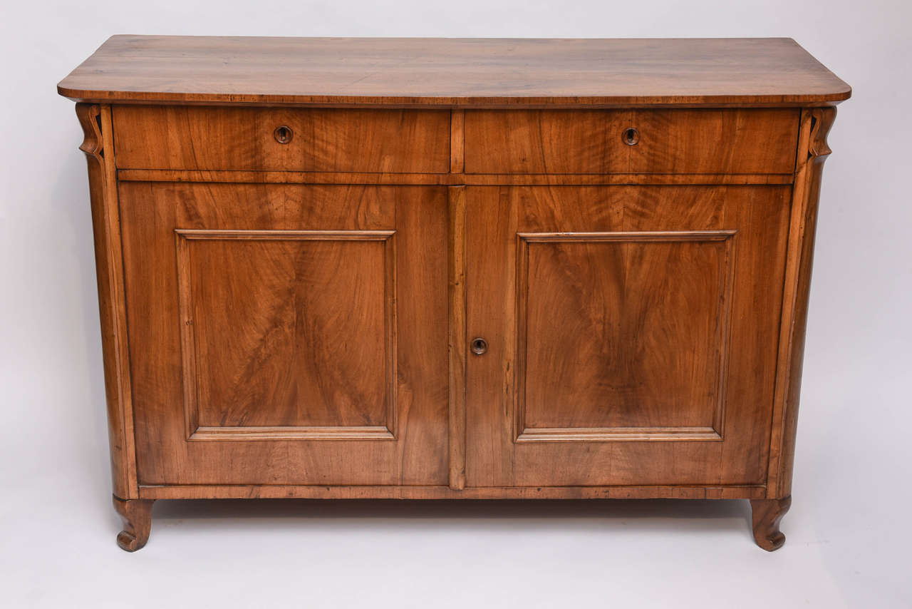 Wonderful cabinet or server with a pair of shallow drawers over a pair of doors behind which is one single shelf.  There is a sign of two holes that were filled on the rear of the surface that may have held a mirror or shelf, hardy noticeable. The