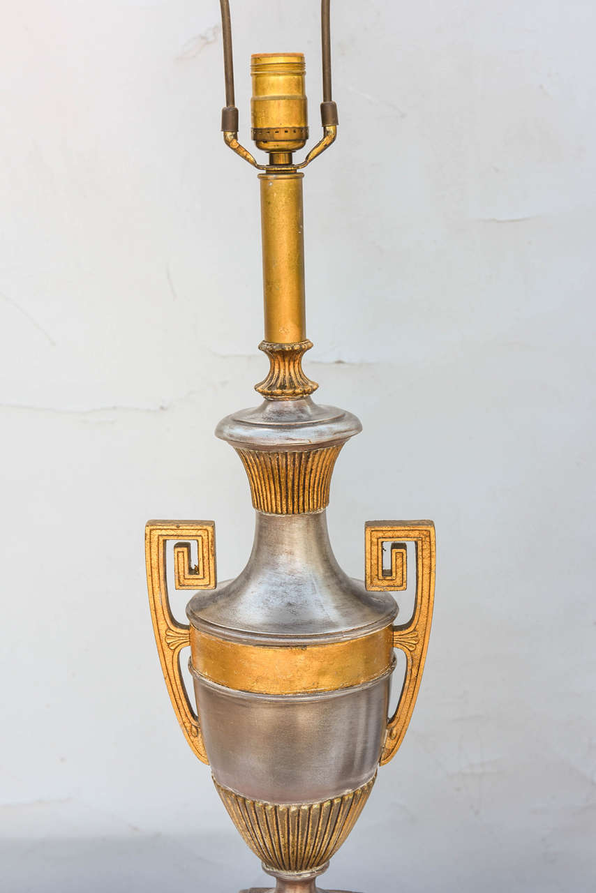 Pair of Polished Spelter Neoclassical Lamps In Good Condition For Sale In West Palm Beach, FL