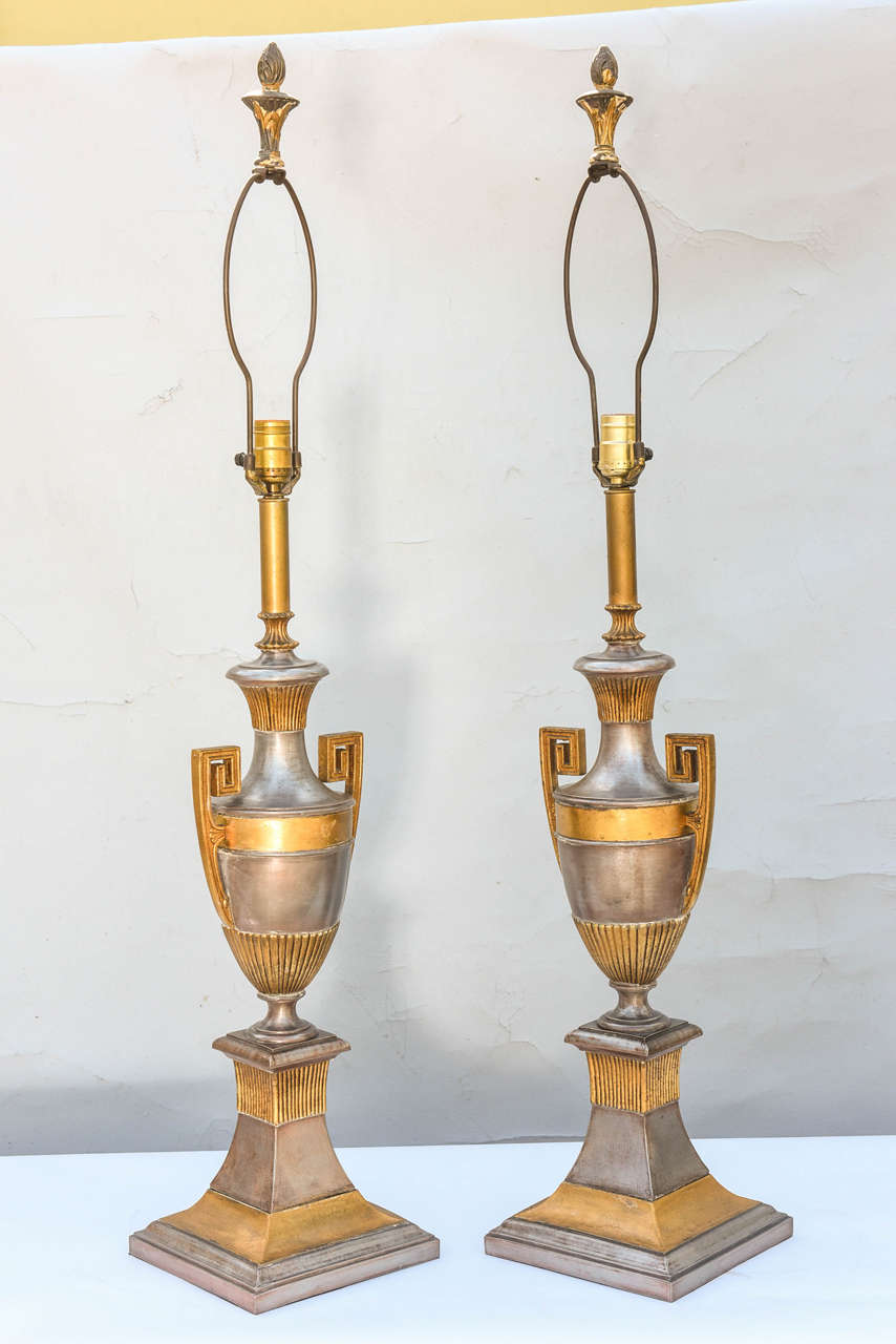 20th Century Pair of Polished Spelter Neoclassical Lamps For Sale
