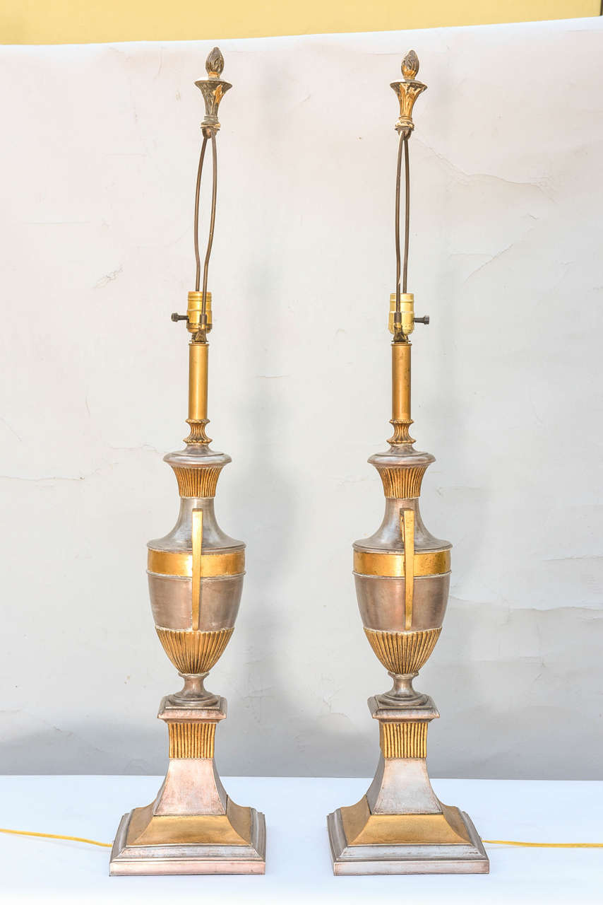 Pair of Polished Spelter Neoclassical Lamps For Sale 3