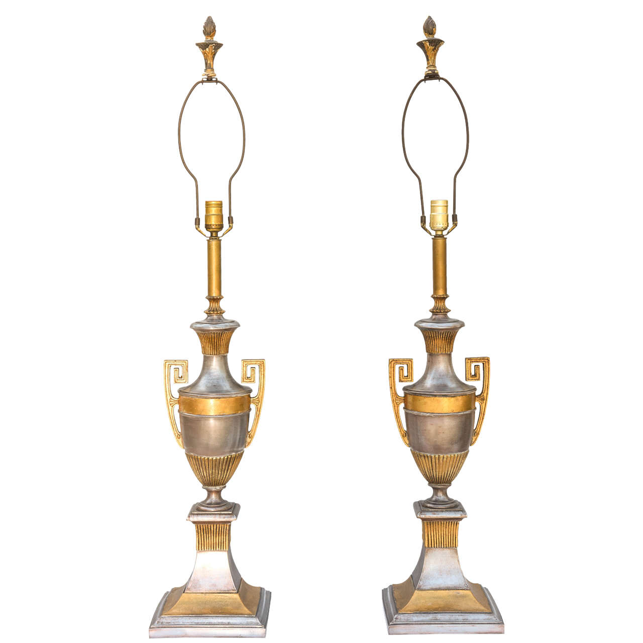 Pair of Polished Spelter Neoclassical Lamps For Sale