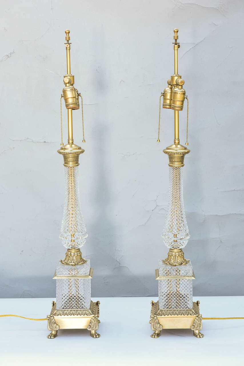 Bronze Pair of Cut Crystal Empire Form Lamps