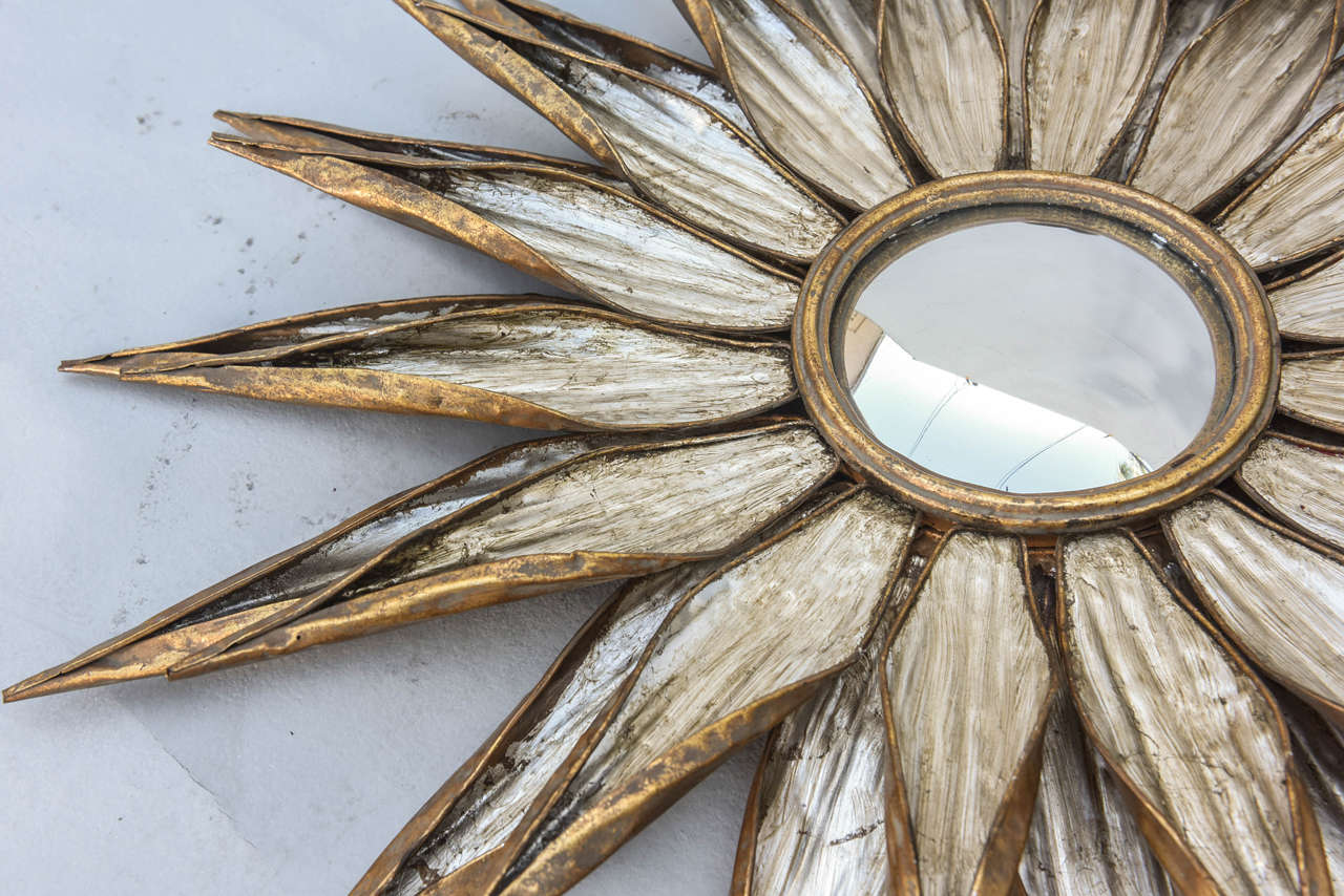 20th Century Pair of Silver and Gold Gilded Metal Convex Sunburst Mirrors