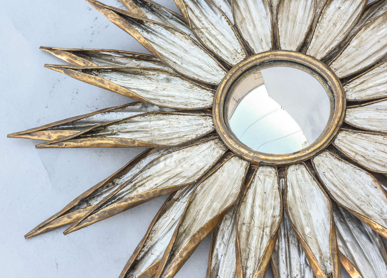 Pair of Silver and Gold Gilded Metal Convex Sunburst Mirrors 3