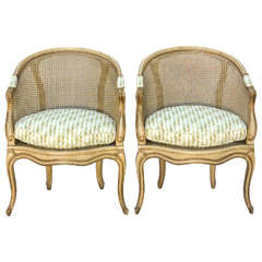 Pair of Painted Italian Barrel Form Caned Armchairs