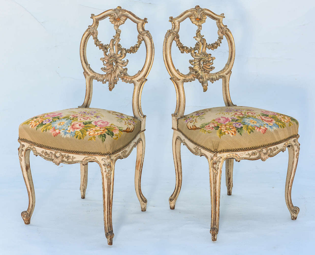 Pair of 19th Century Polychromed Carved Rococo Side Chairs with Needlework Seats