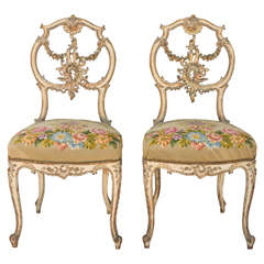 Pair of 19th Century Polychromed Carved Rococo Side Chairs with Needlework Seats
