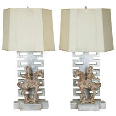 Pair of Lamps by James Mont with Chinese Warrior Figures
