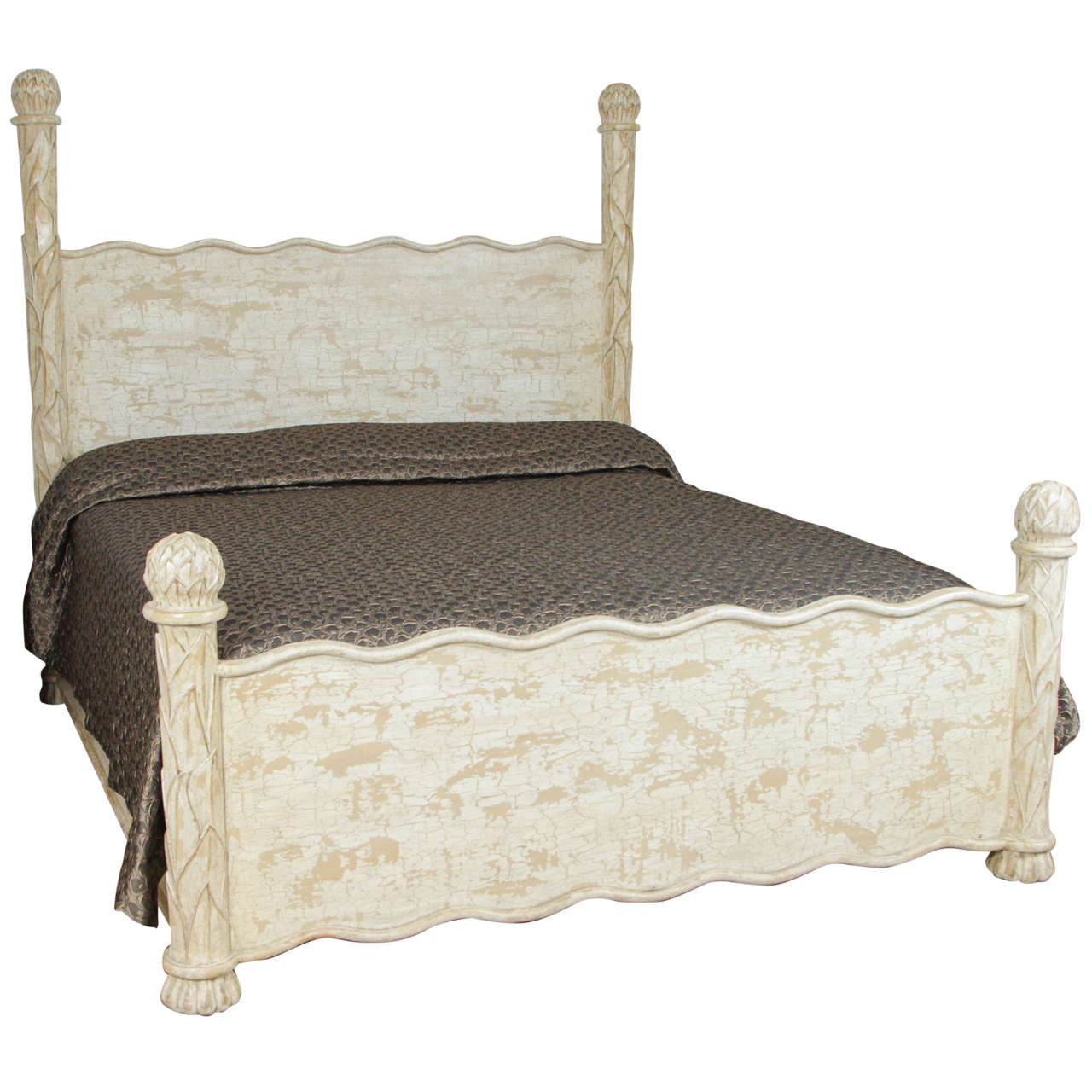 Carved Wood Bed Frame, with Artichoke Finials
