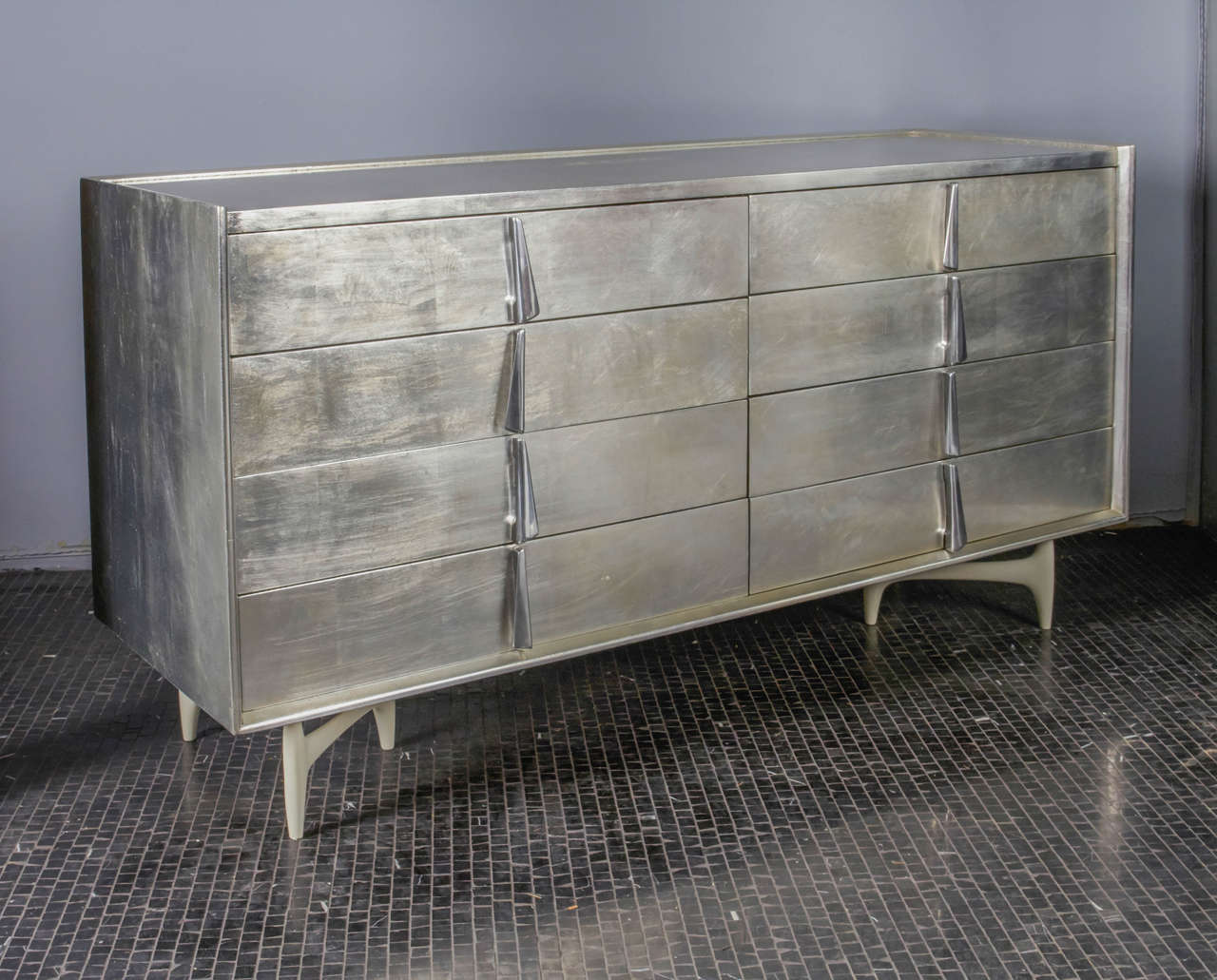 Mid-20th Century Custom Aluminum Leaf Double Dresser by Donald Deskey for Charak For Sale
