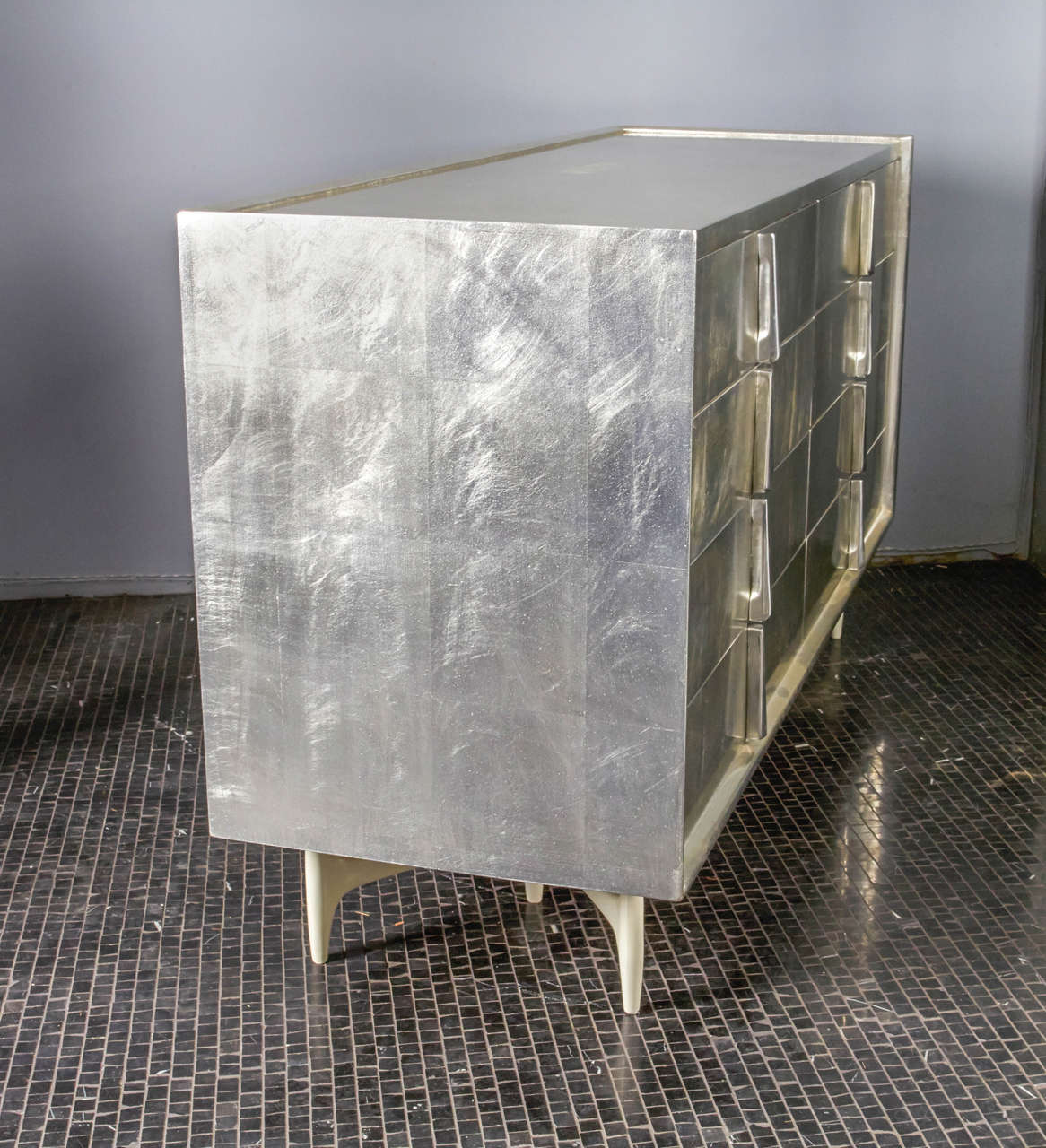 Silver Leaf Custom Aluminum Leaf Double Dresser by Donald Deskey for Charak For Sale