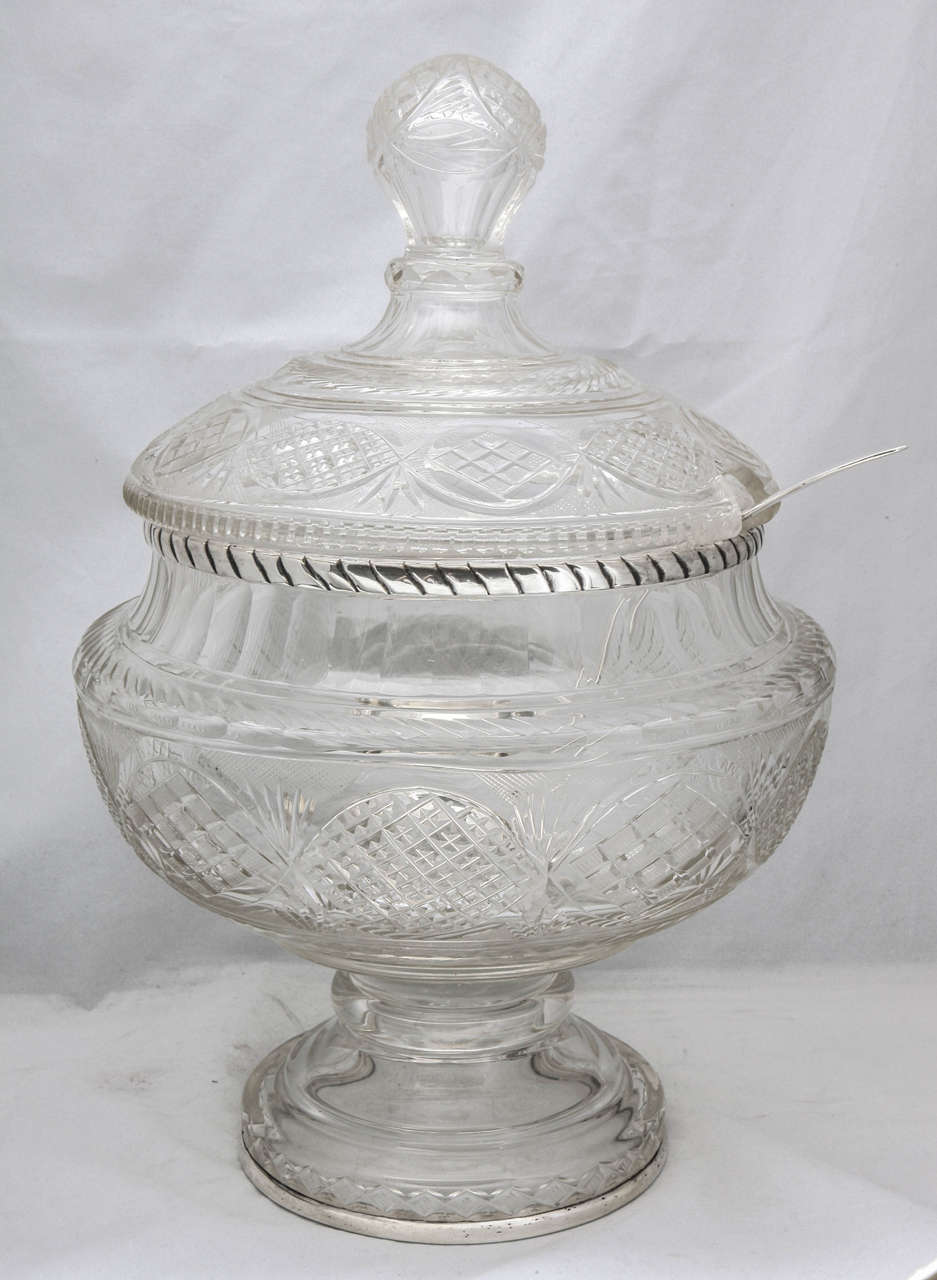 Beautiful, 19th century, continental (.800) silver-mounted (unmarked, but tested), pedestal based punch bowl (which can also be used as a soup tureen) with removable lid, probably Austrian, circa 1880's. Ladle is silver plated and a later addition.