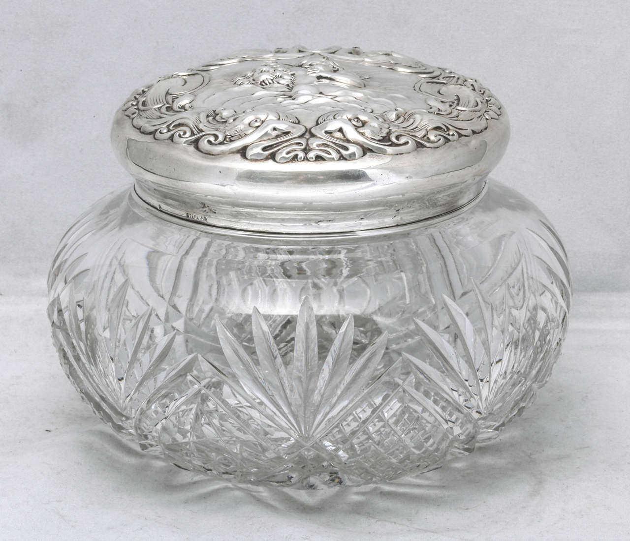 Rare, very large, Art Nouveau, sterling silver and cut crystal powder jar, American, circa 1895, most probably Unger Bros. (maker's mark rubbed). Measures: 5 1/4