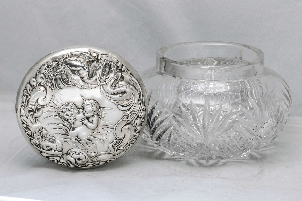 American Rare, Very Large Art Nouveau Sterling Silver and Crystal Powder Jar