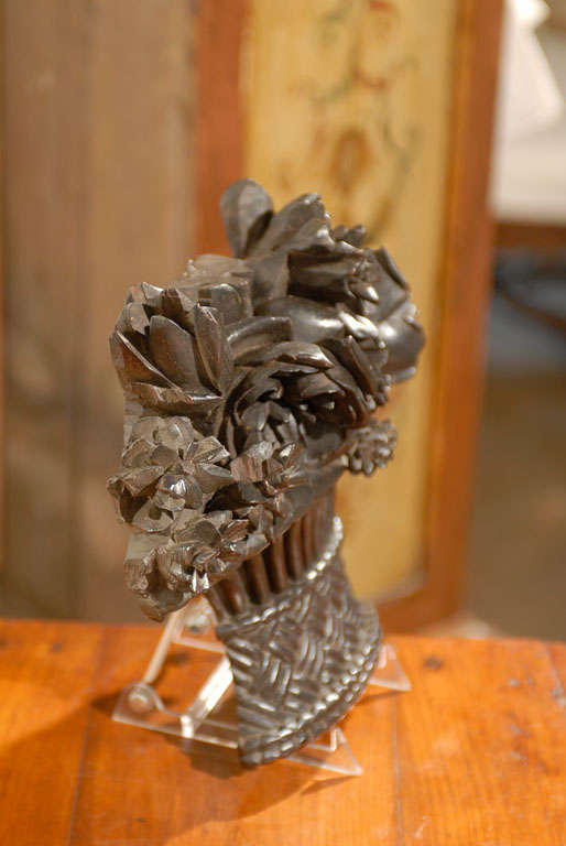 French Hand-Carved Basket of Flowers Sculpture with Dark Patina, 19th Century In Good Condition For Sale In Atlanta, GA