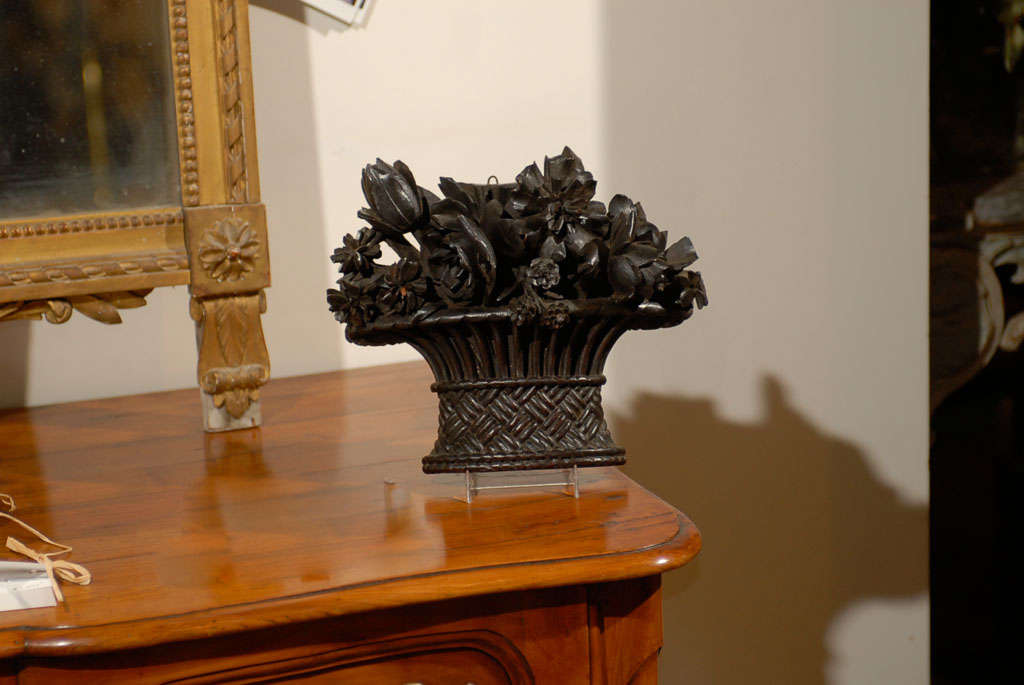 Wood French Hand-Carved Basket of Flowers Sculpture with Dark Patina, 19th Century For Sale