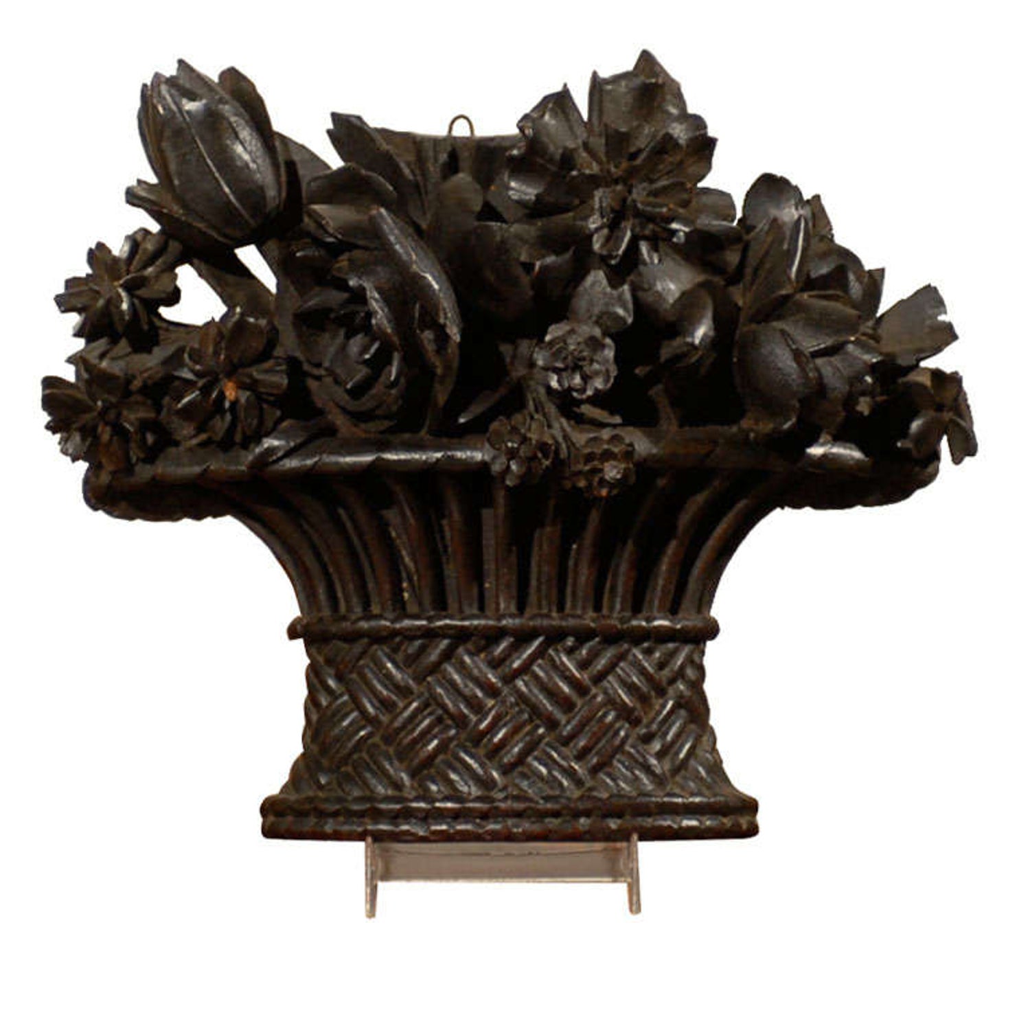 French Hand-Carved Basket of Flowers Sculpture with Dark Patina, 19th  Century For Sale at 1stDibs