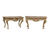 Large Pair of Italian Painted & Gilt Consoles with Marble Tops