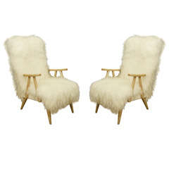 Pair of Open Arm Chairs Covered in Tibetan Lamb