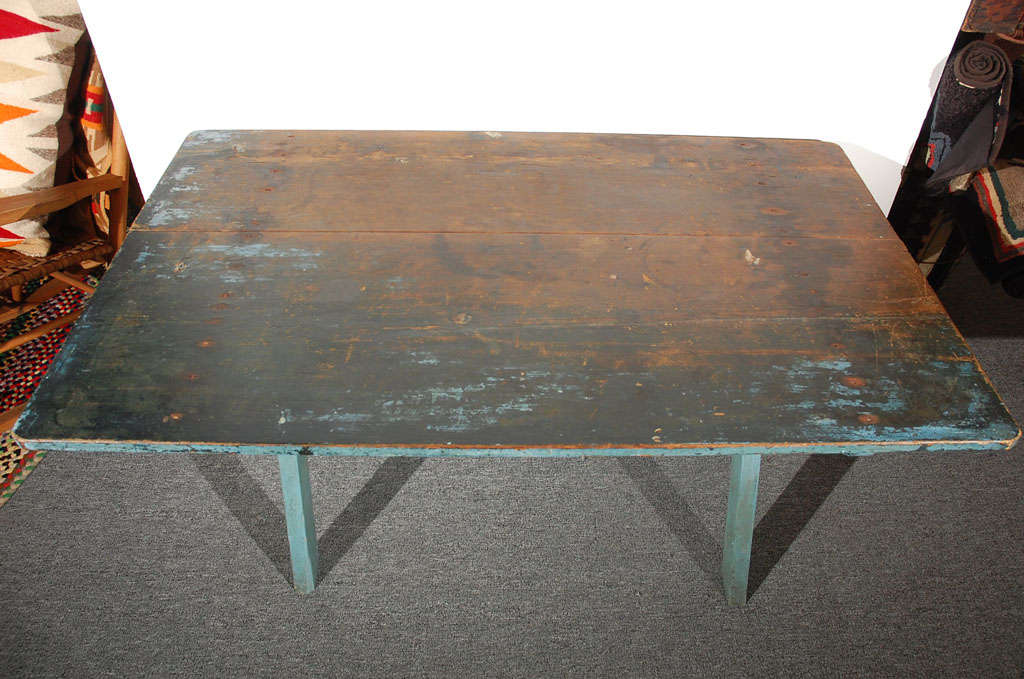 American Fantastic Original 19thc Blue Painted Sawbuck Table From N.e.