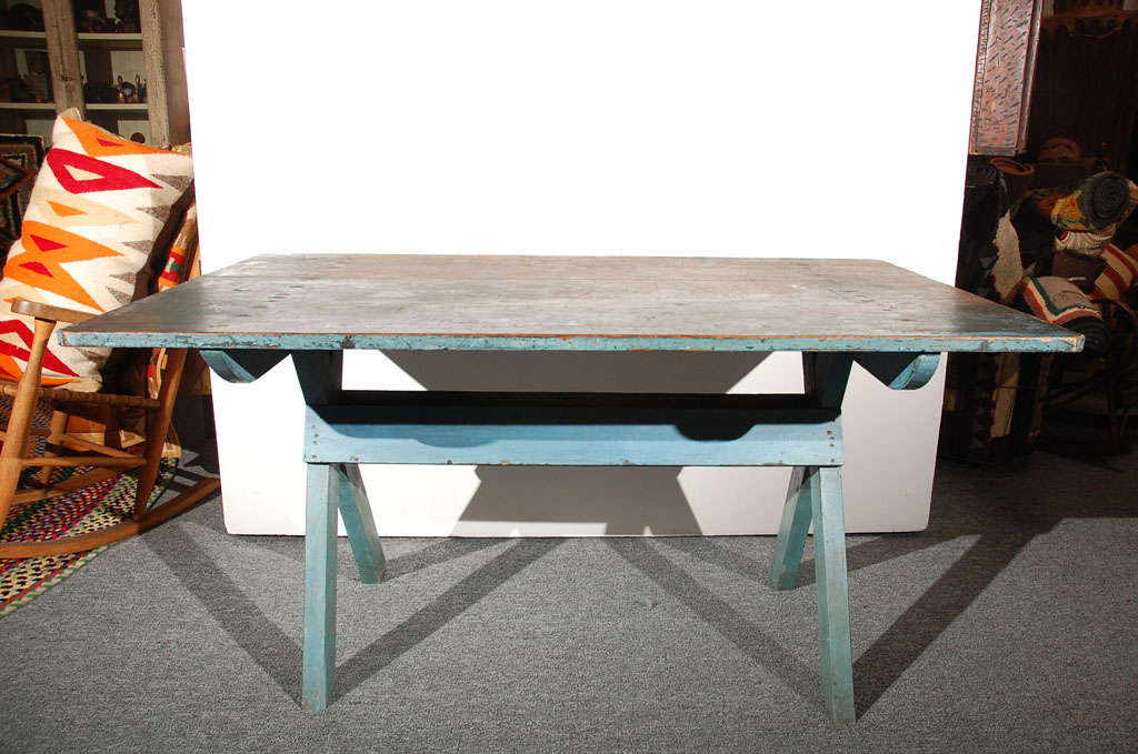 Pine Fantastic Original 19thc Blue Painted Sawbuck Table From N.e.