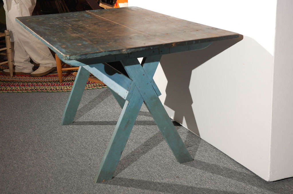 Fantastic Original 19thc Blue Painted Sawbuck Table From N.e. 1