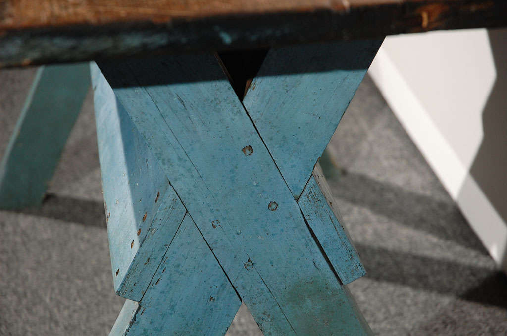 Fantastic Original 19thc Blue Painted Sawbuck Table From N.e. 2