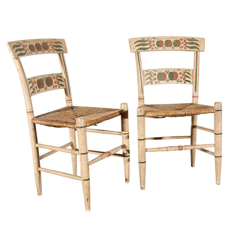 Fantastic 19thc Original Paint Decorated Side Chairs From N.E.