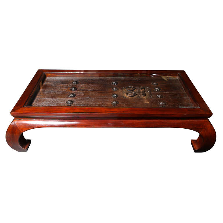 Chinese Glass Top Coffee Table Fashioned from an Antique 19th Century Door