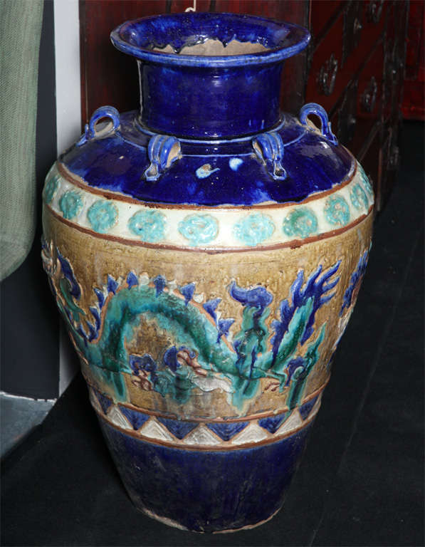 Multi-color Glazed Ceramic Water Jar. Annamese ( Vietnam ) 19th Century.