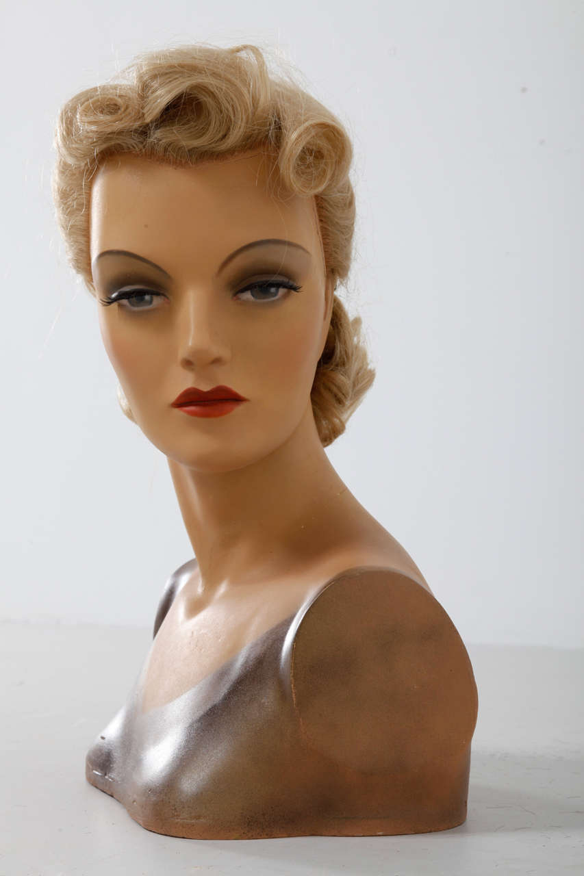 Magnificent old showcase bust plaster of Paris. She has implanted human hair,blue glass eyes. 