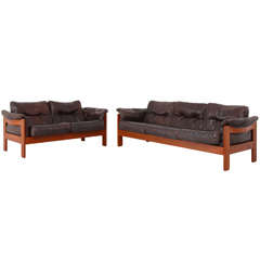 N. Eilersen Buffalo Leather and Solid Teak 3-Seater and 2-Seater