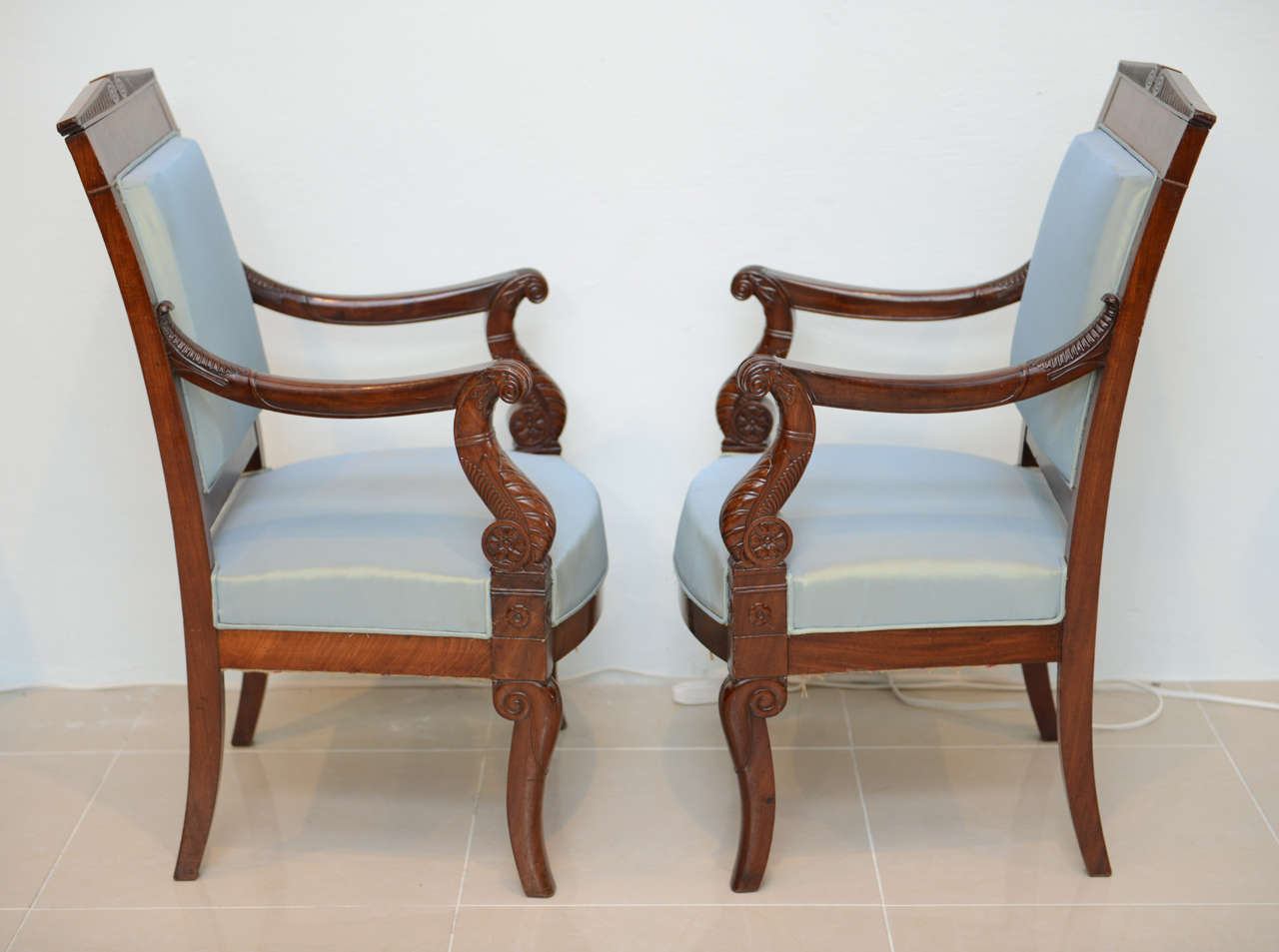 Fine Pair French Empire Mahogany Armchairs, Stamped Belanger In Excellent Condition In Hollywood, FL