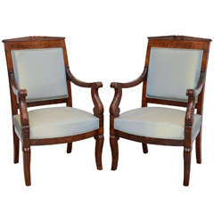 Fine Pair French Empire Mahogany Armchairs, Stamped Belanger