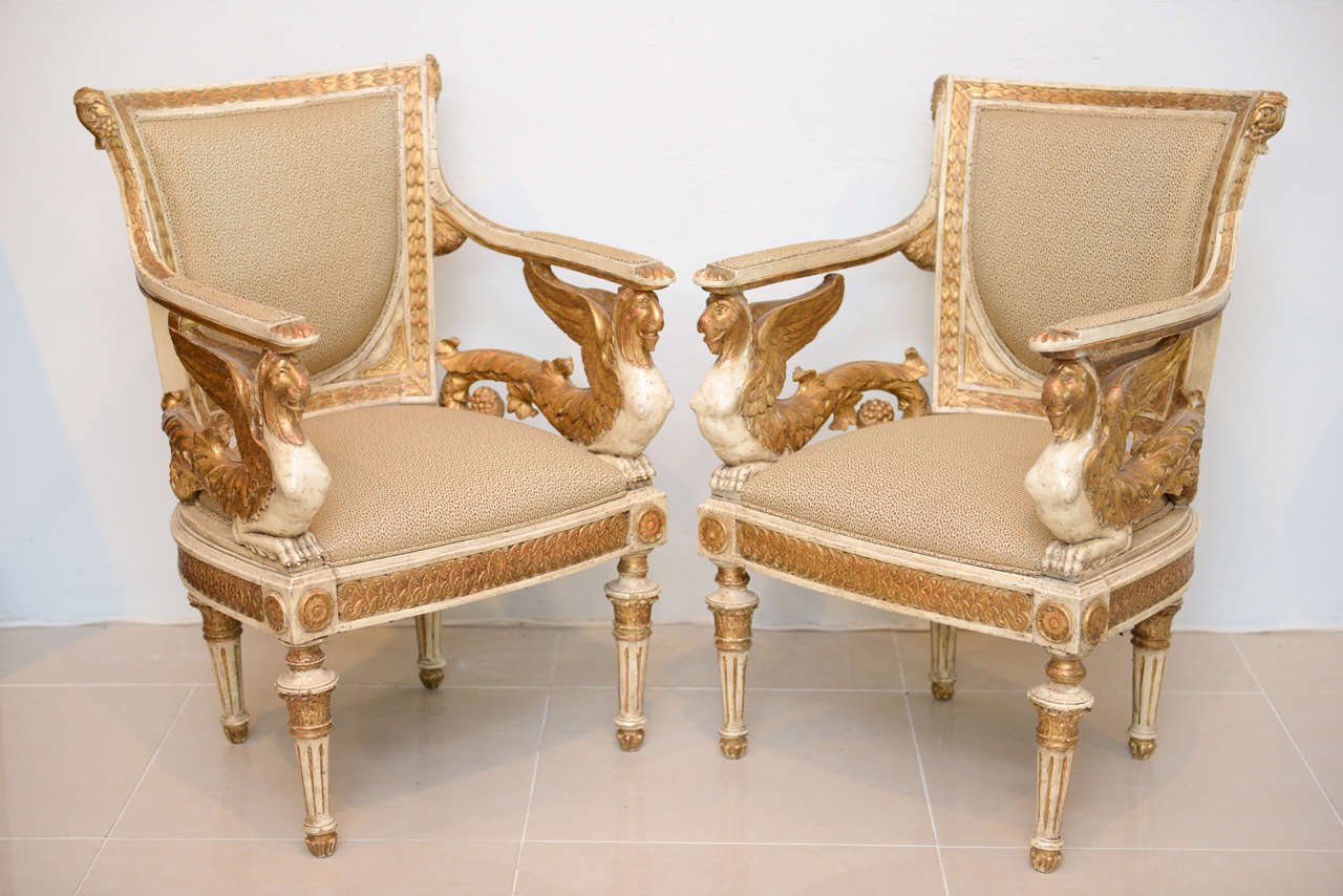 Neoclassical An Exceptional Pair of Italian Neoclassic Painted and Parcel Gilt Armchairs