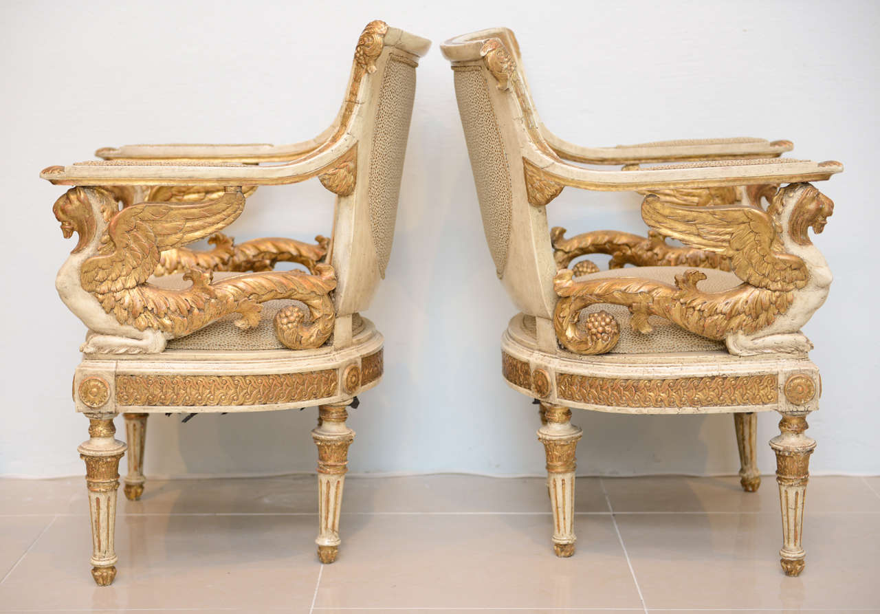 18th Century and Earlier An Exceptional Pair of Italian Neoclassic Painted and Parcel Gilt Armchairs